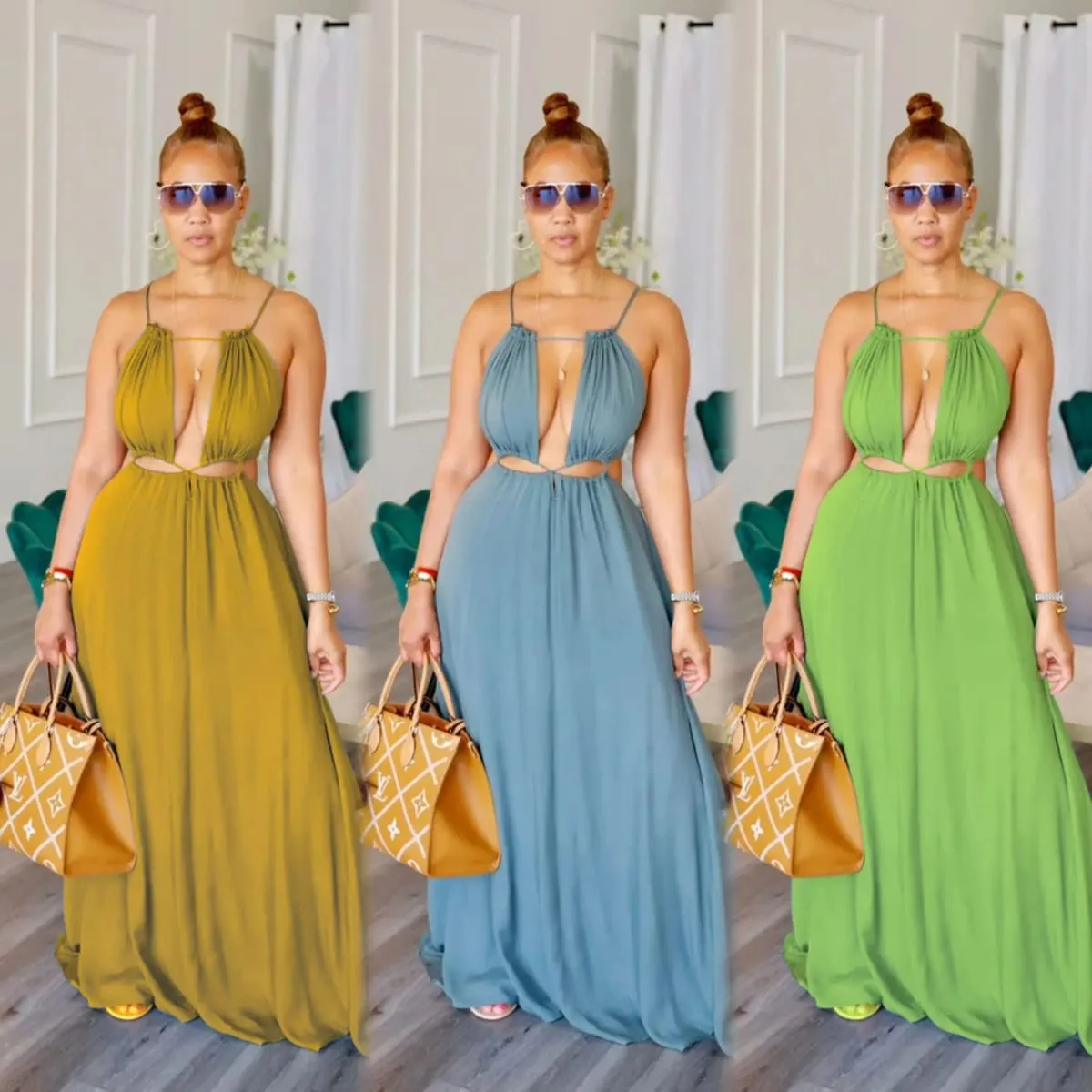 2025 Women's Dress Summer Holiday Solid Long Dresses Sexy Drawstring Lace Up Sleeveless Vestidos Para Mujer Club Party Outfits — image 7