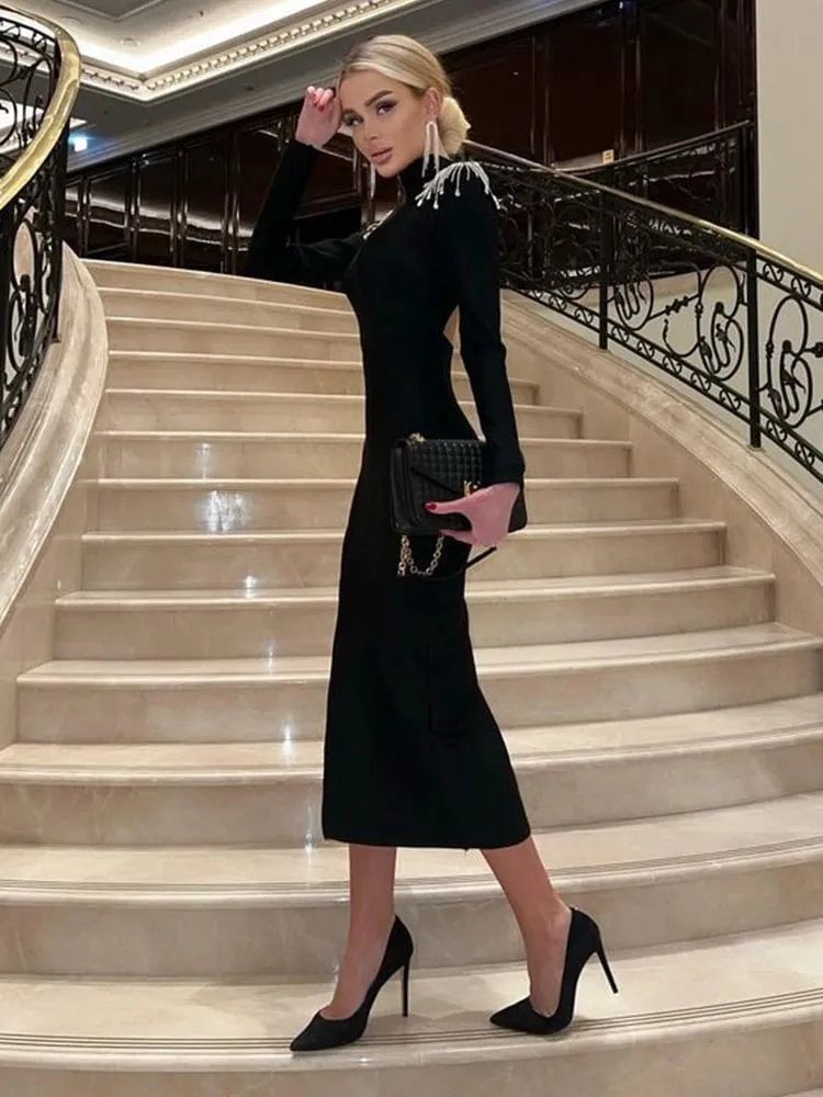 Ahagaga Fashion scava fuori abiti lunghi da donna sexy solido backless dolcevita casual slim elegante aderente abiti abiti divisi — image 4