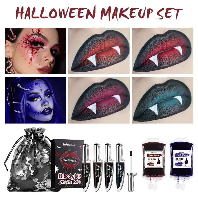 Halloween Horror Makeup Set High Saturated Color Long-Lasting Easy Off Safe Formula Fake Blood Lip Stain for Halloween Cosplay