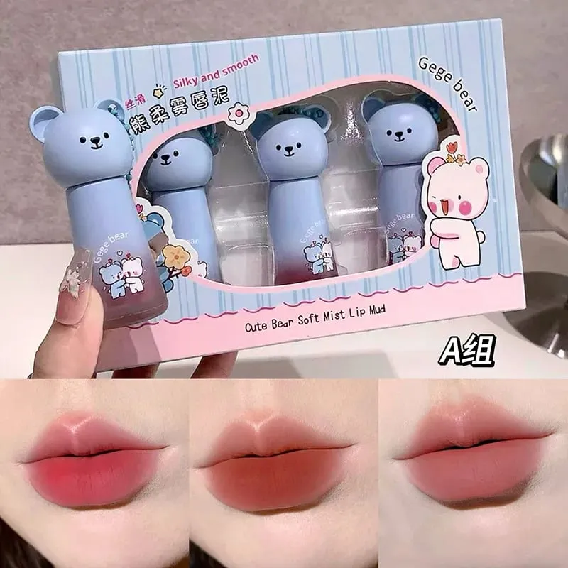 3PCS Cute Bear Lip Mud Set Matte Velvet Lipstick Long-Lasting Smudge-Proof Non-Drying Exquisite Gift Set for Women & Girls