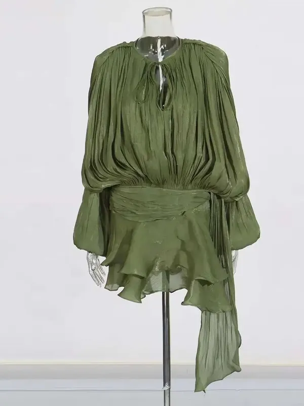 Solid Blouse Mini Dresses For Women V Neck Long Sleeve Spliced Lace Up Sweet Style Dress Female Clothing Fashion — image 20