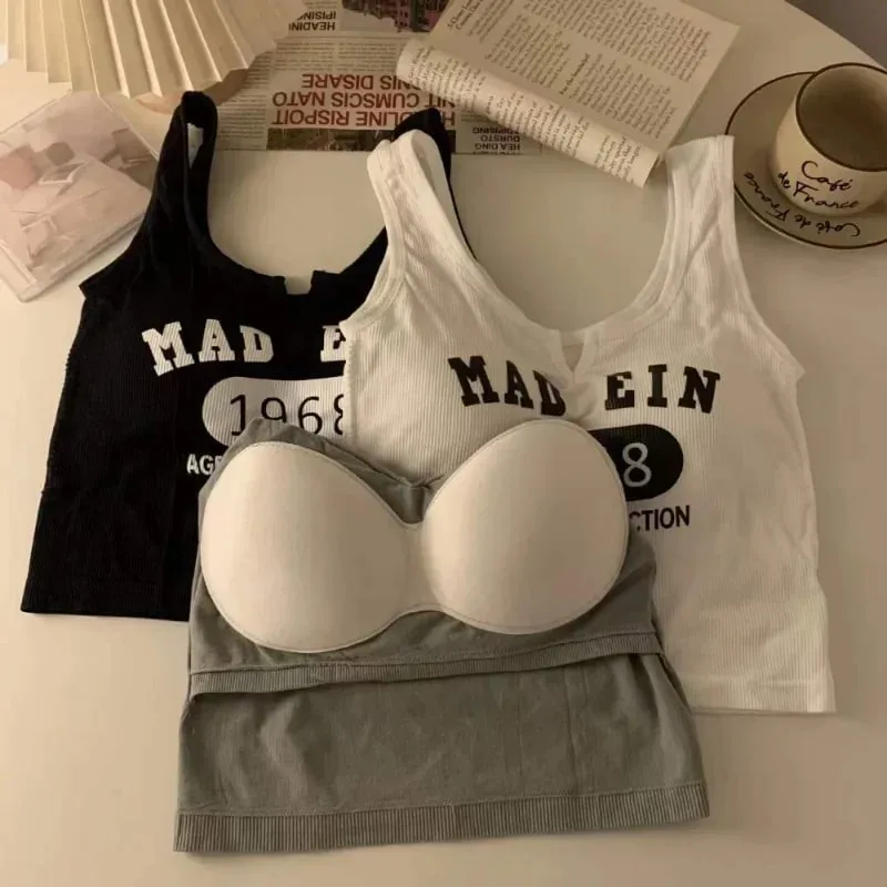 Sleeveless Casual Tank Camis for Women Spring Almighty Letter Print Femme Corset Crop Tops with Built In Bras Tanks Camisoles — image 3