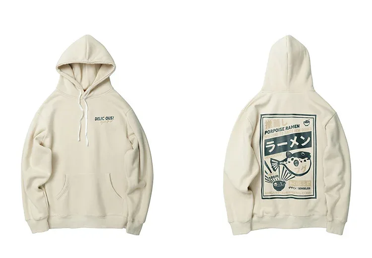 Hip Hop Men Cotton Pullover Hoodies Sweatshirts Thicken Japanese Style Hooded Puffer Fish Print Men&Women Outdoor Sportswear