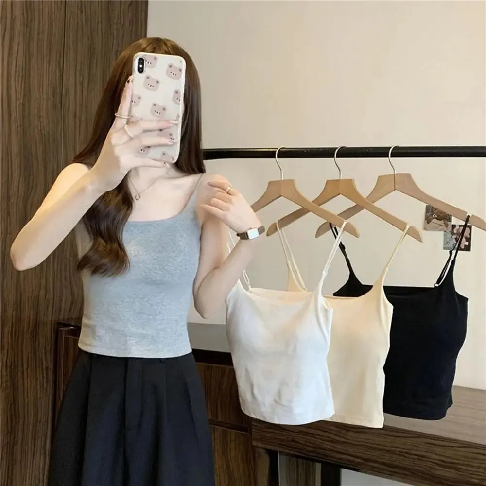 Basic Solid Camis Casual Sleeveless Spaghetti Strap Crop Top Square neck Tank tops With Built In Bra y2k Summer women Clothing — image 7