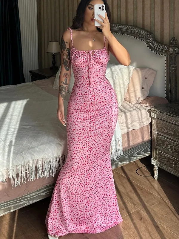 Hugcitar květinový potisk Bez rukávů Bez záda Šněrovací Maxi šaty Sexy Bodycon Léto Elegantní outfity Sváteční párty Velkoobchod — image 8
