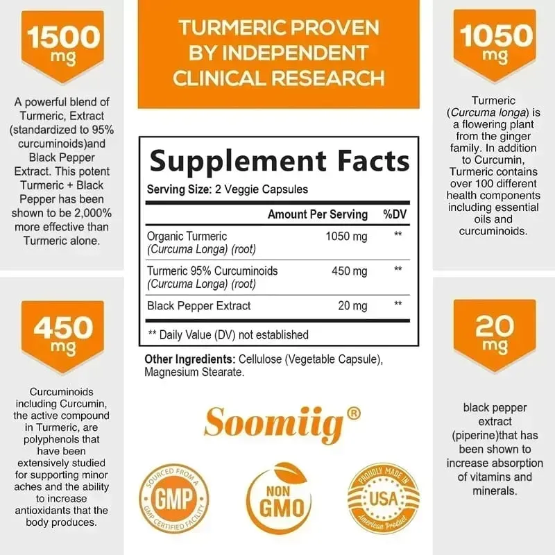 Organic Turmeric High Strength 1500 Mg | 120 Capsules with Black Pepper Ginger and Active Curcumin Joints Heart Cognition — image 6
