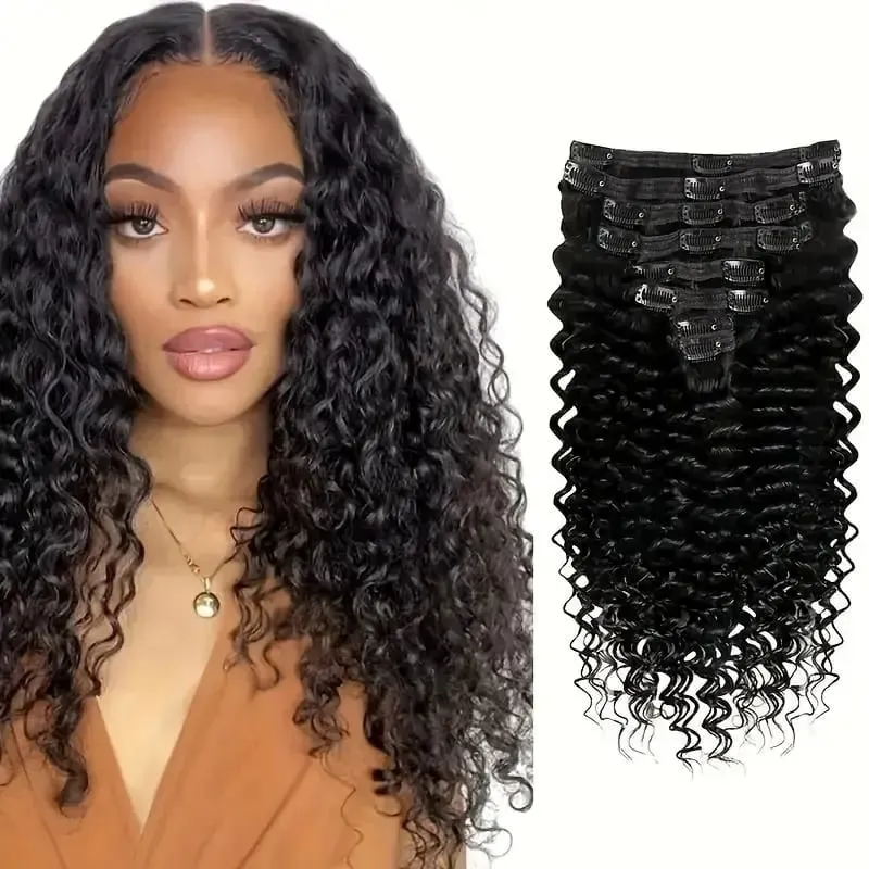 Human Hair Deep Wave Clip In Hair Extensions Brazilian Clip In 8 Pcs/Set Natural Black Color Clip Ins Remy Hair 10-26 Inch 120G — image 2