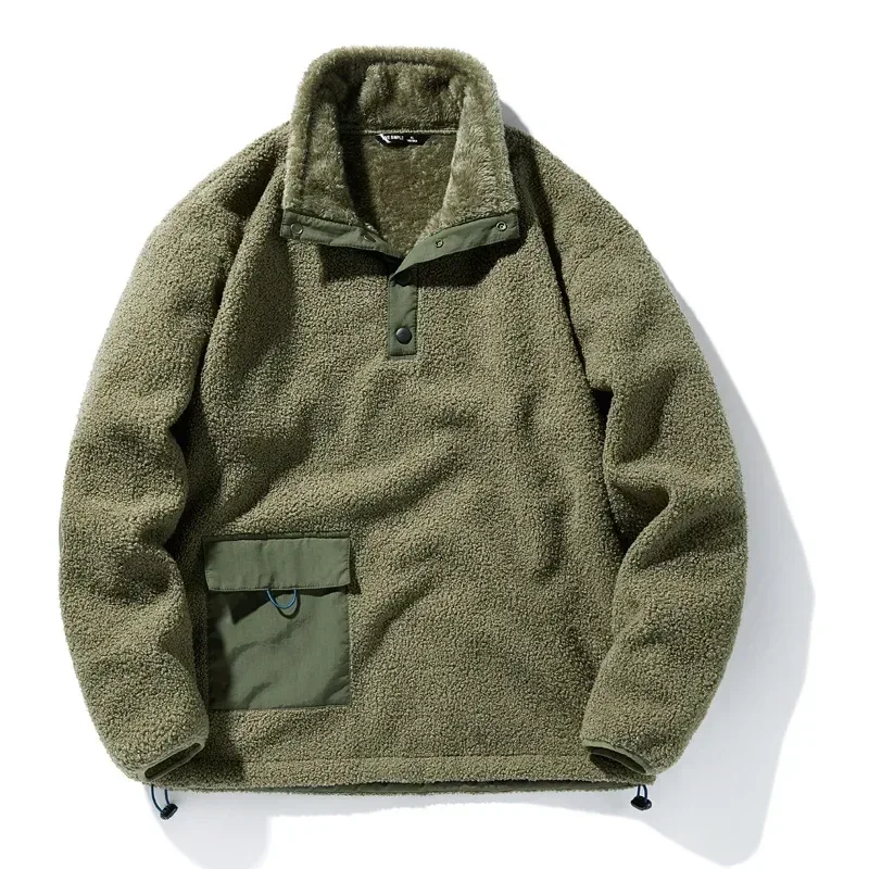 New Men's Sweatshirts Fashion Patchwork Pocket Fleece-lined Warm Pullover Tops Male Polar-fleece Loose Casual Hoodies Coats — image 7