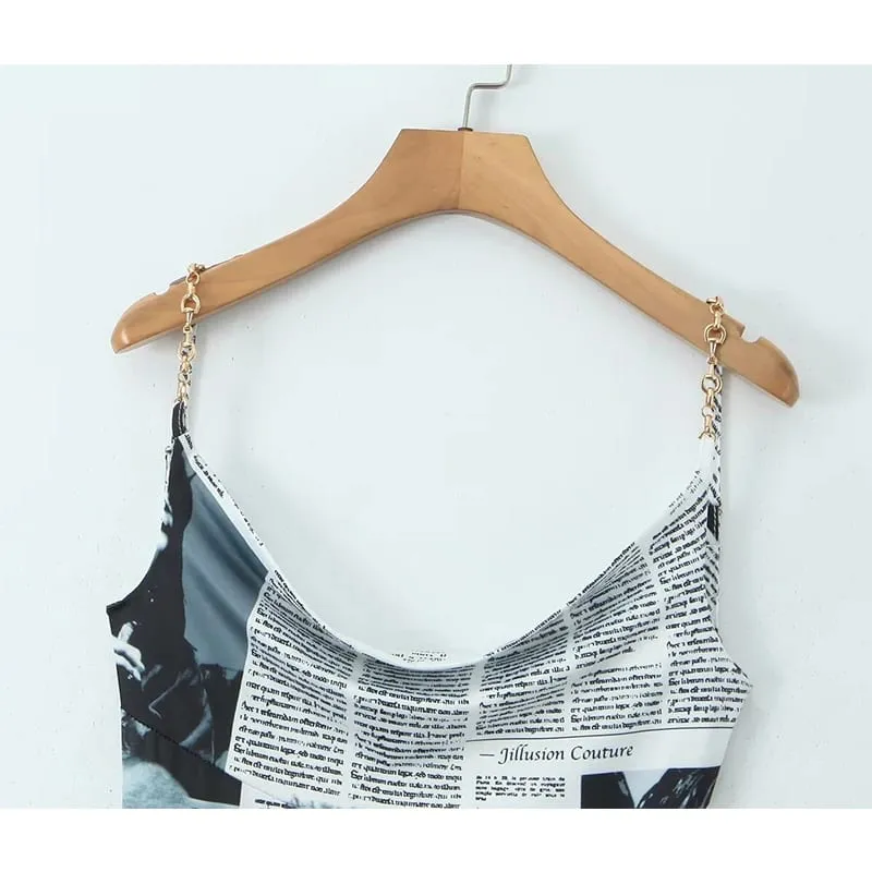New Women Newspaper Letter Print Irregular Hem Sling Dresses Fashion Backless Thin Straps With Chain Summer Sexy Dress — image 4