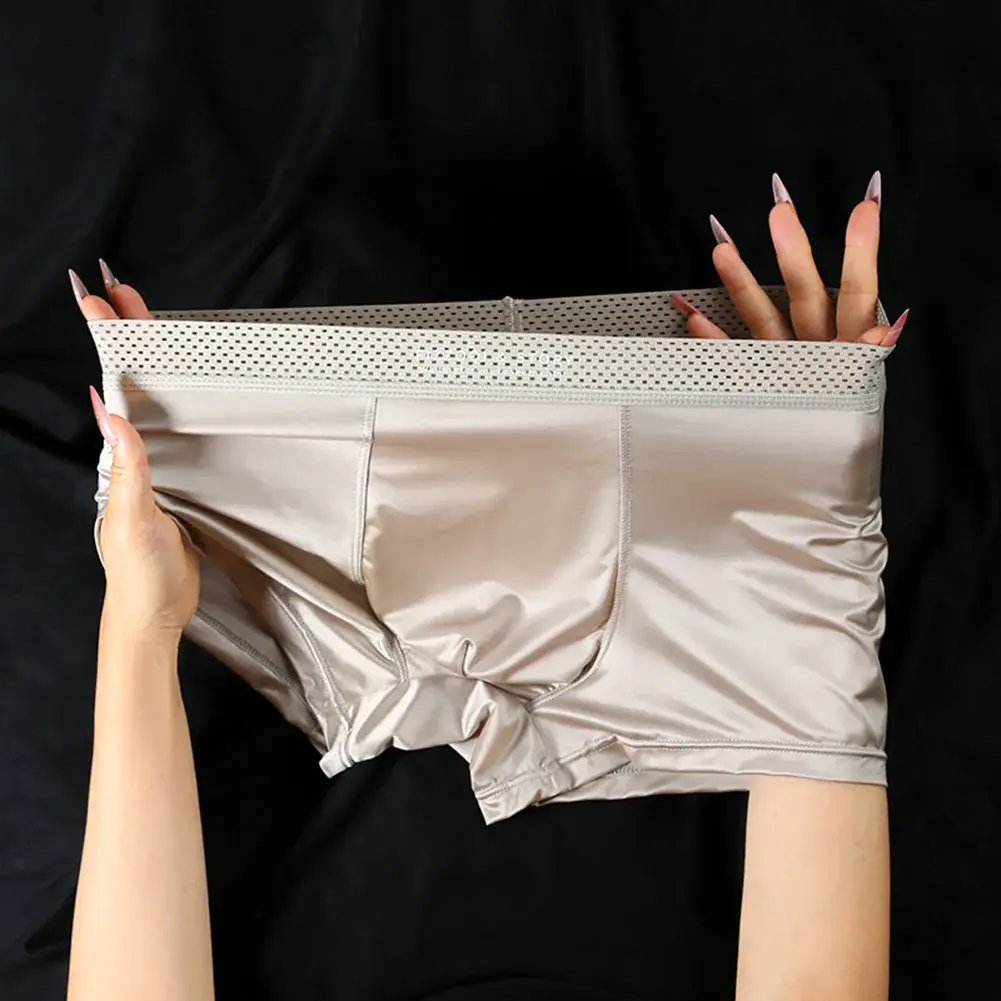 1pc Men Satin-like Ice Silk Boxers Smooth Panties Hollow Out Waistband Underpants Breathable Solid Color Underwear Trunk — image 4