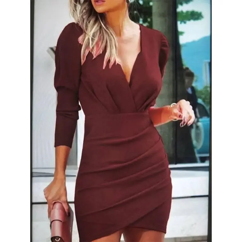2024 burst waist show thin solid color v-neck long sleeve tight skirt folk wind nightclub dress woman — image 6