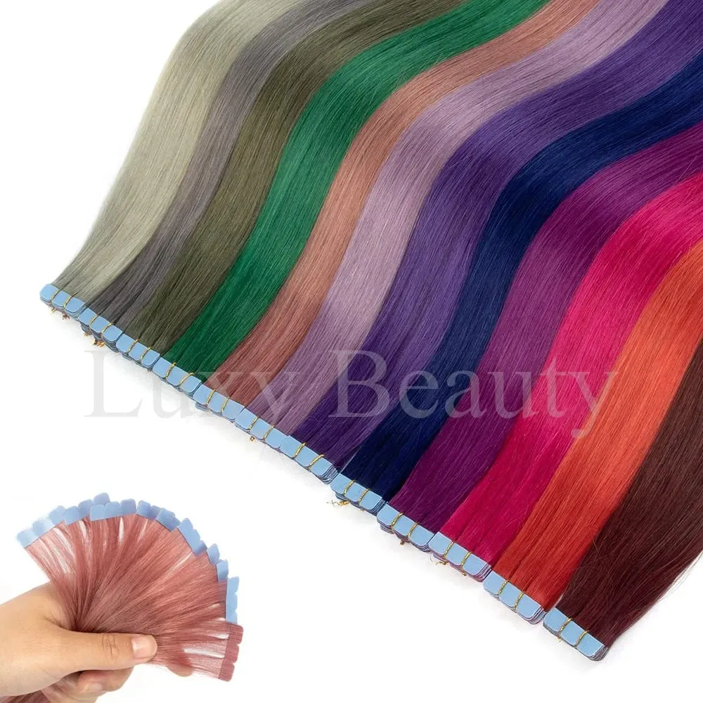 Colored Pink Mini Tape in Hair Extensions Invisible Seamless Tape in Human Hair 10pcs/set Red Green Purple Blue Mini Tape Hair — image 3