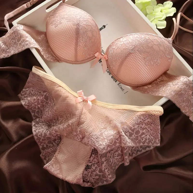 Ny sexig BH Hollow Out Trosor Enfärgade Underkläder Set BC Cup Spets Topp Push Up Dam Ryggstängning Plus Size Underkläder Set