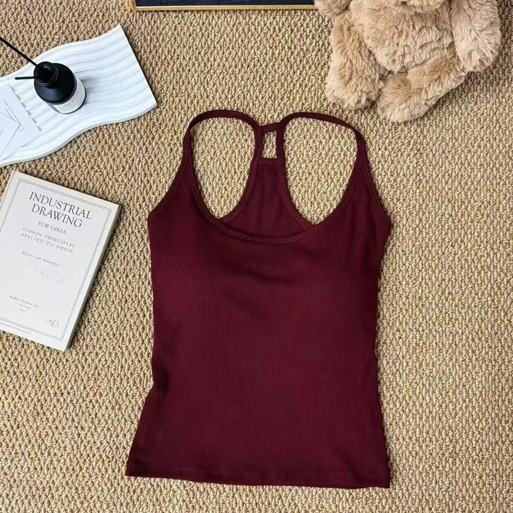 Korean Women's Solid Color Spaghetti Straps Sleeveless Slim Camisole With Chest Pad Wear Base Layer Summer Outdoor Wear — image 11