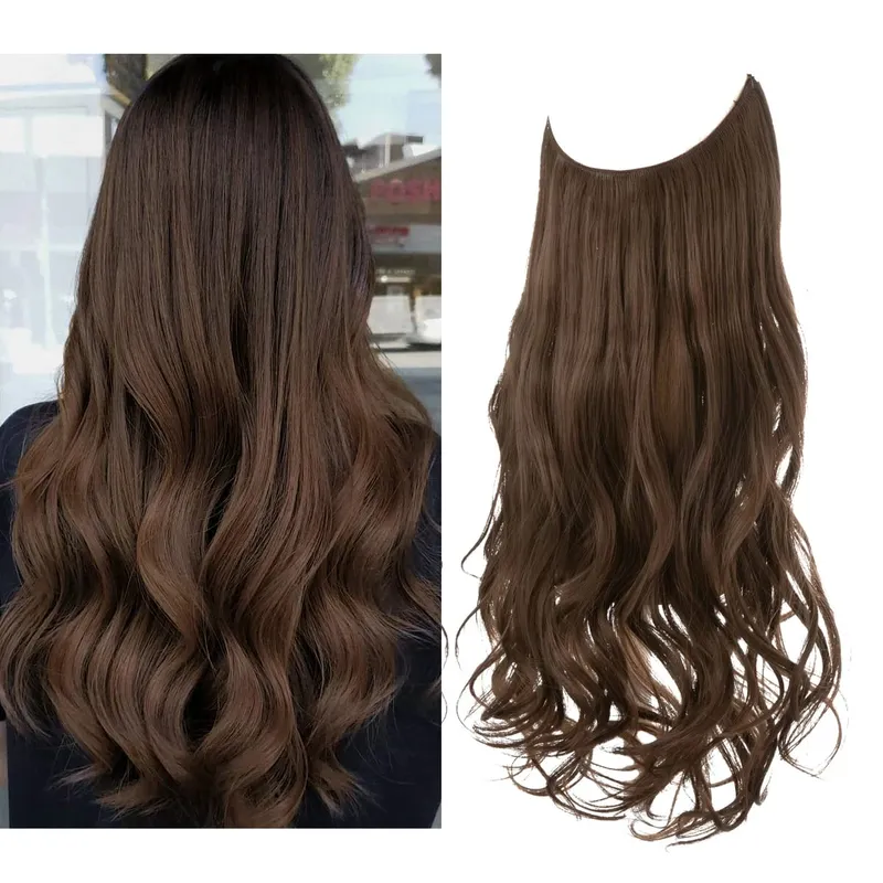 Synthetic No Clip Wave Hair Extensions Ombre Natural Blonde One Piece False Hairpiece Fish Line Fake Hair Piece