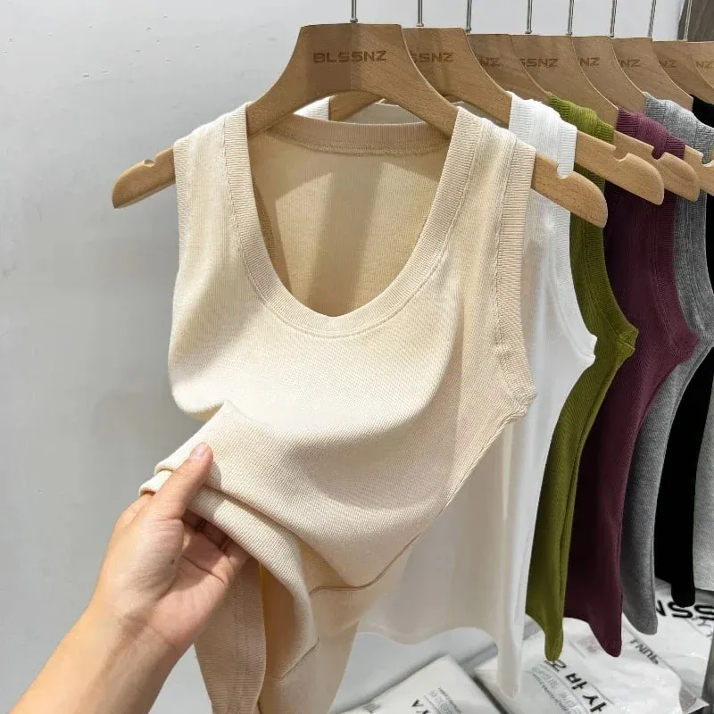 2026 Women Solid Low Round Neck Ribbed Camisole Summer Basic Elastic Tank Top Korean Style Versatile Slim Tanks & Camis — image 4