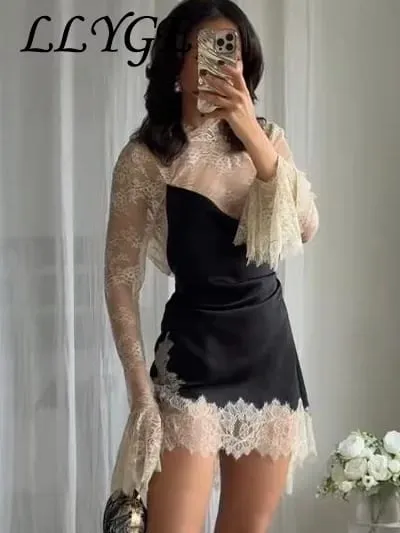 Elegant blonde patchwork kort kjole kvinder se gennem høj krave flare ærmer festkjoler 2025 efterår dame aftenkåber — image 5