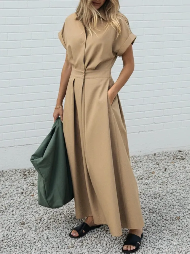 Elegant Chic Women Long Dresses Casual Short Sleeve Collared High Waisted Casual & Day Shirt Dress Solid Color S-3XL — image 2