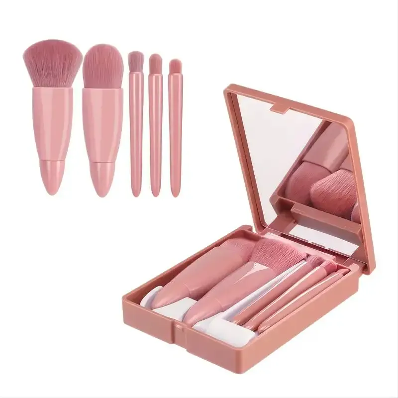 5pcs Mini Berus Makeup Kit Fungsi Kecil Berus Kosmetik Lengkap Dengan Sarung Dan Cermin Saiz Perjalanan Berus Makeup Set — image 4