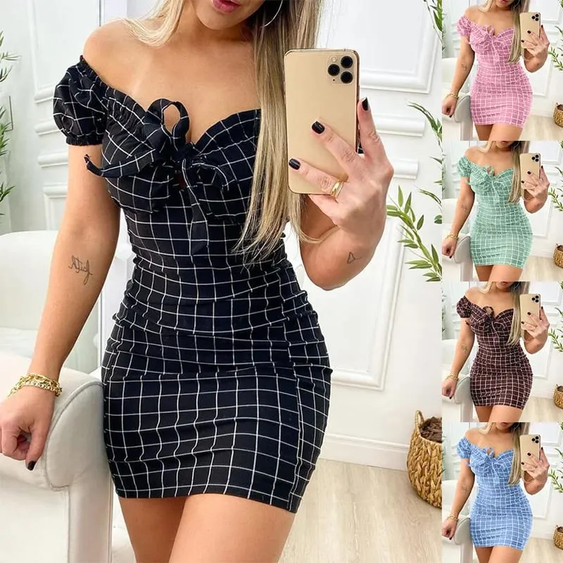 Pakaian musim panas pakej seksi punggung skirt pendek pakaian cetakan grid rentas sempadan — image 3