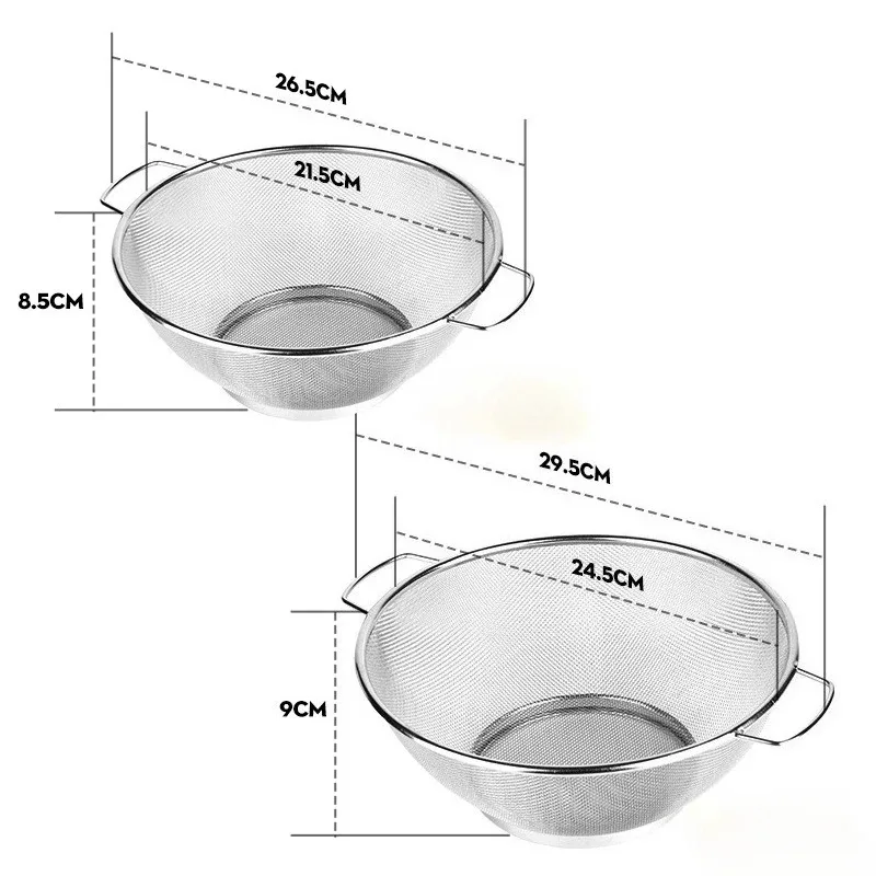 2pcs 21sm+24sm Bakul Longkang Keluli Tahan Karat Bakul Dapur dengan Pemegang Bakul Basuh Sayuran Penapis Beras — image 4