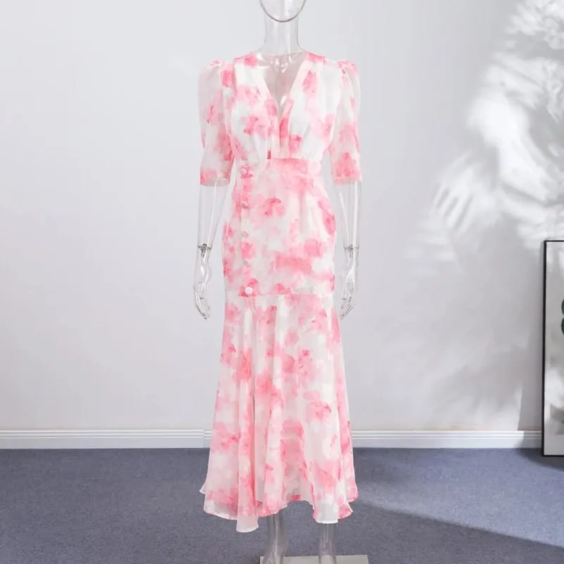 Damtryckt V-ringad lång klänning med utsvängda ärmar Lotusbladkant Hög midja Slim Fit Maxiklänningar Dam Elegant festklänning