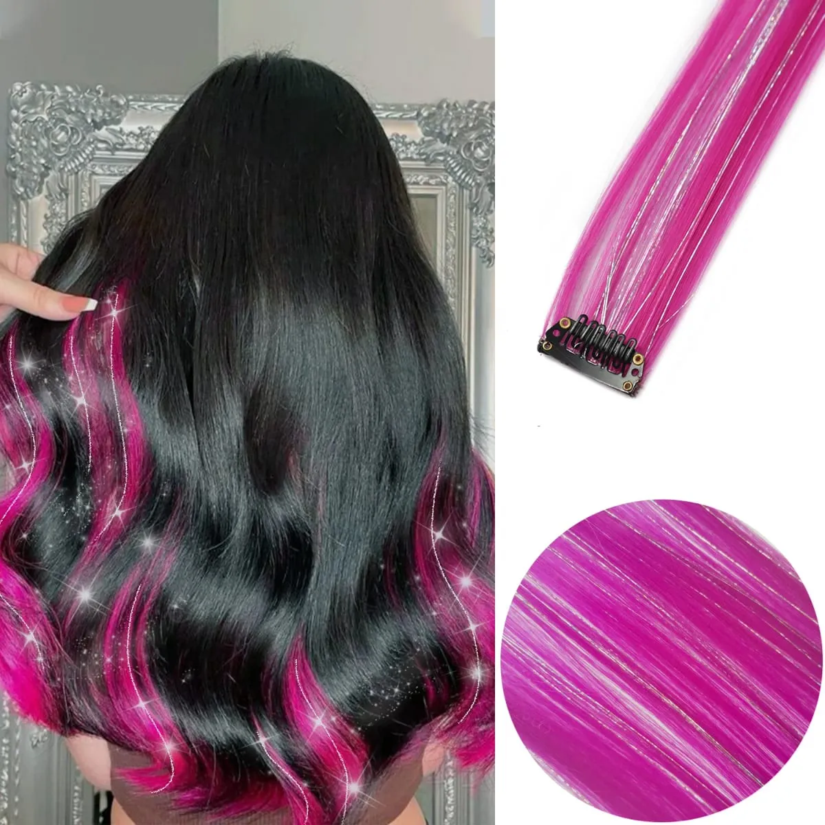 6pcs/pack Colored Party Highlights Clip in Hair Extensions 22 inches Multi-colors Straight Hair Synthetic Hairpieces