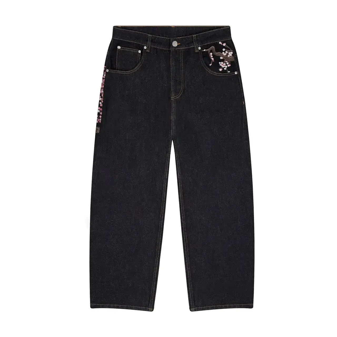 Harajuku Patchwork Cherry Blossom Embroidery Denim Pants Y2k Vintage Women Baggy Straight Wide Leg Jeans Street Men Clothes — image 7