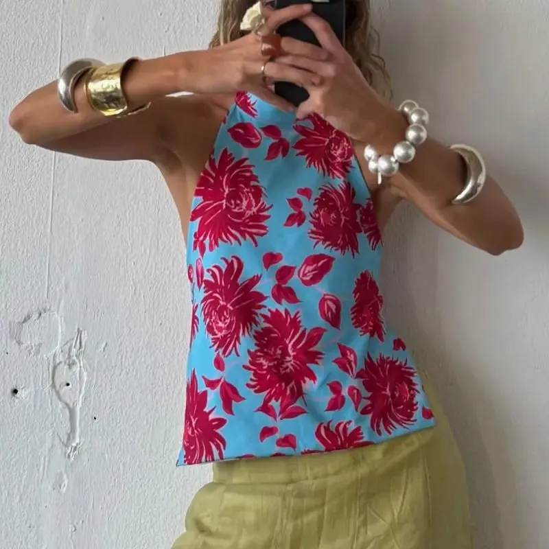 Combhasaki Women's Y2K Button Closure Halter Neck Crop Tops Sleeveless Backless Aesthetic Dots/Tie-dye Flower Print Summer Vests — image 21