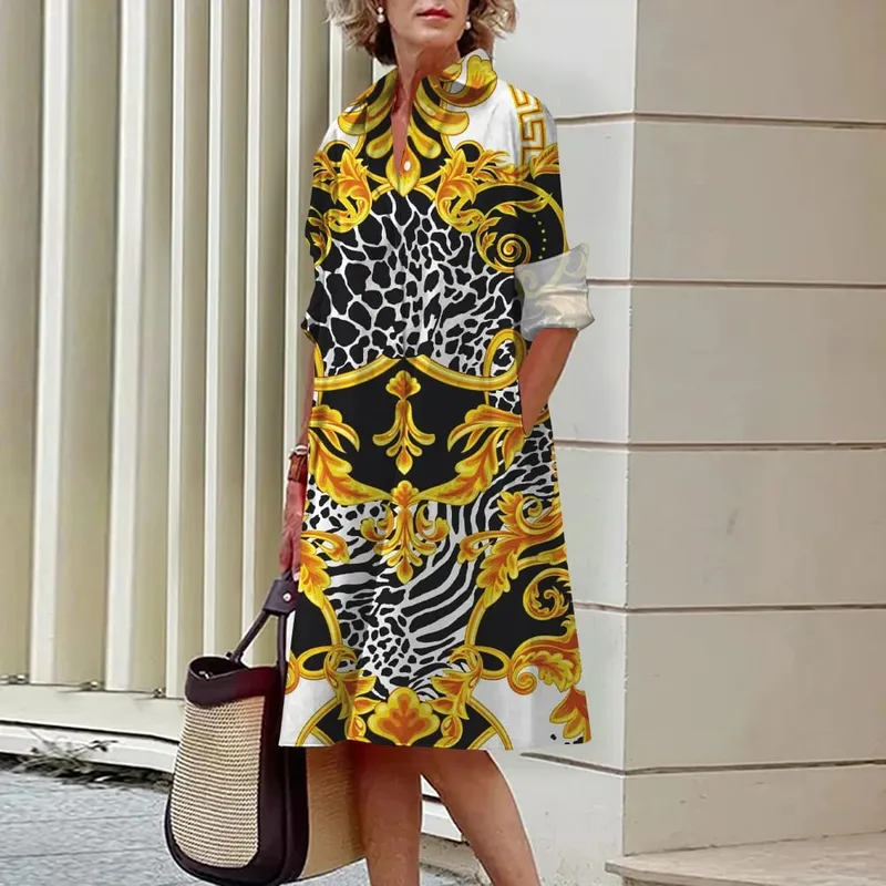 2024 Elegant Ladies Long Sleeve Shirt Dress Lapel Button Exquisite Printing Mid-Length Dress Casual Loose Commuter Shirt Dresses — image 12