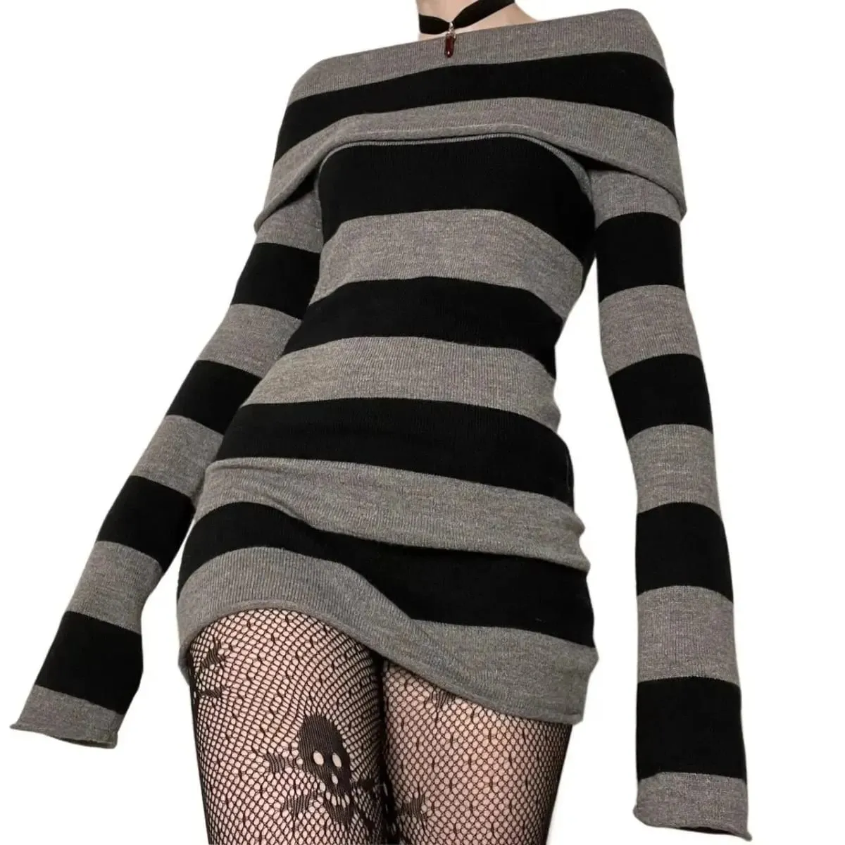 Women Striped Mini Bodycon Dress Stripe Boat-Neck Off Shoulder Long Sleeve Short Dress Spring Autumn Wrapped Hip Party Dress — image 1