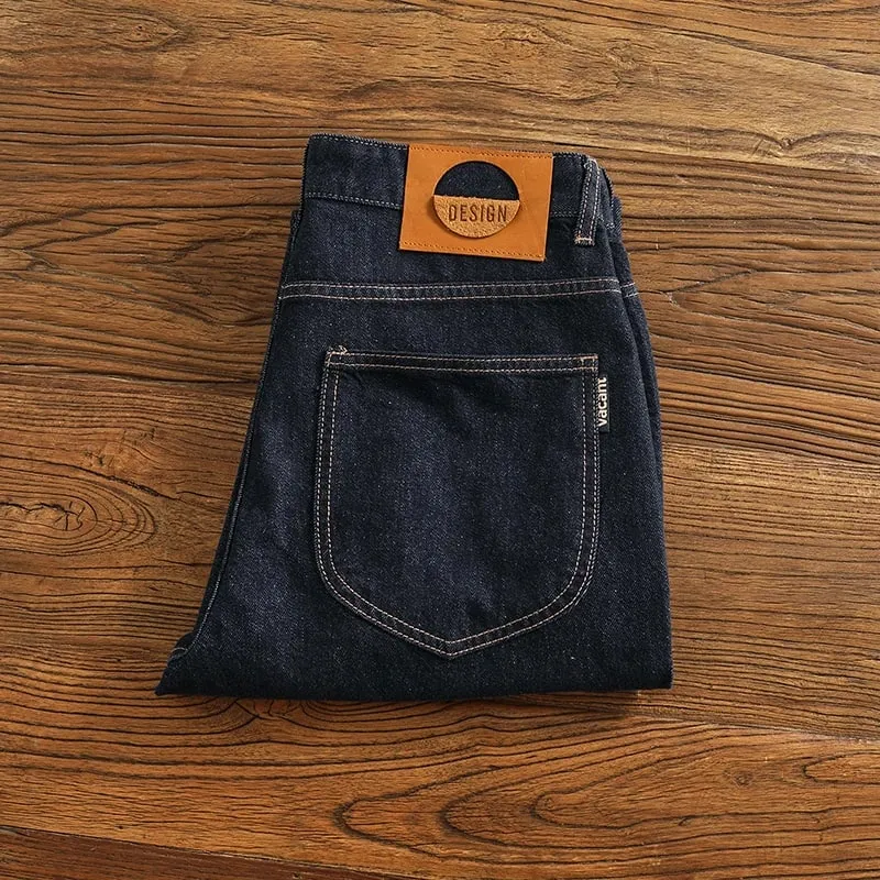 Anti-fading solid color general wash primary color denim jeans men's dark American casual loose straight cone pants — image 4