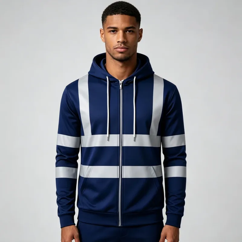 Autumn Fashion Men Drawstring Hooded Top 3D Printed Stripe Full Zip Sweatshirt Outdoor Casual Safety Work Outerwear Hoodie