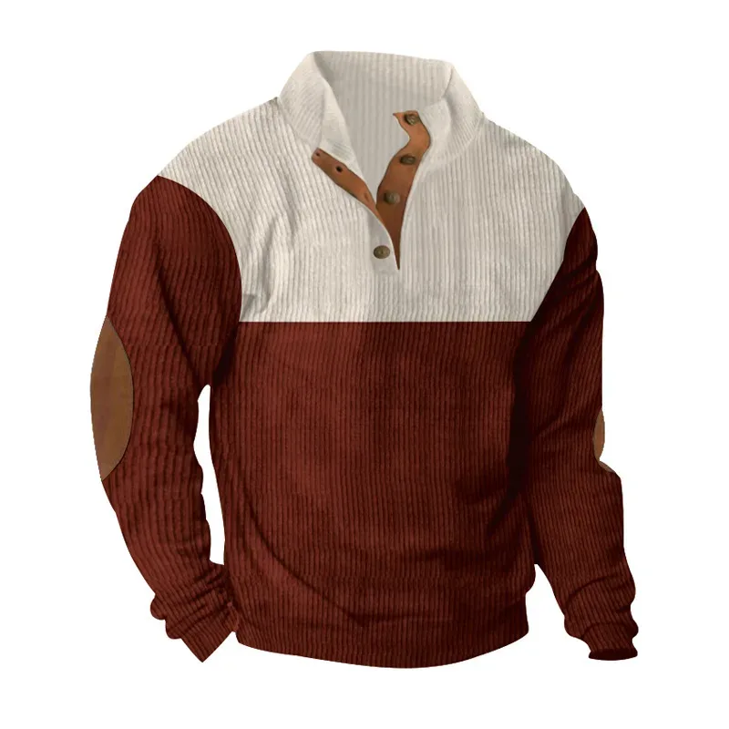 Men's Hoodies Spring And Autumn Corduroy Casual Patchwork Stand Collar Button Sports Hoodie Man Clothing
