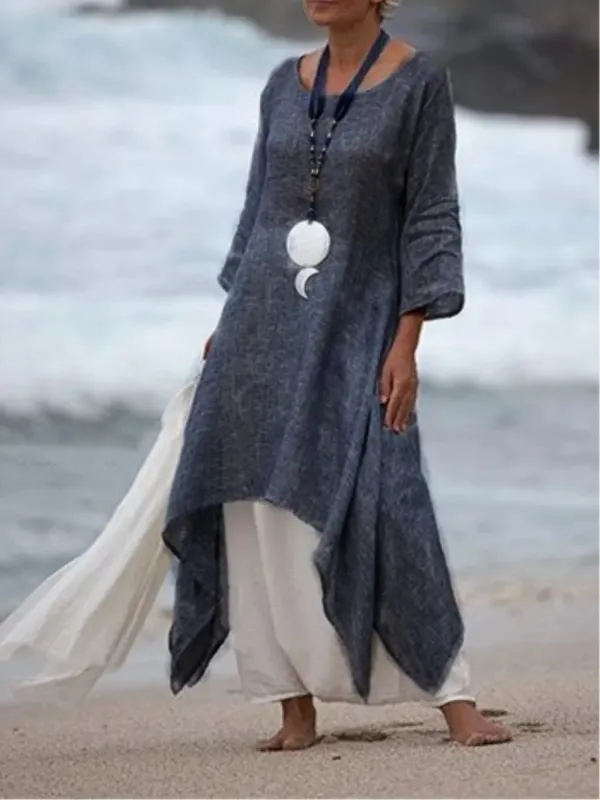 Women Irregular Leisure Loose Fitting Shirt Tunic Pullover Blouse Baggy Tops Round Neck Comfy Dress
