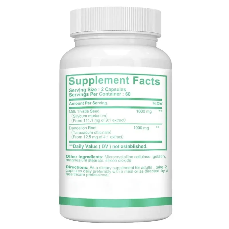 Milk Thistle Capsules 1000mg - with Dandelion Root - Liver Detox and Cleanse Promotes Skin and Digestive Health Supplement