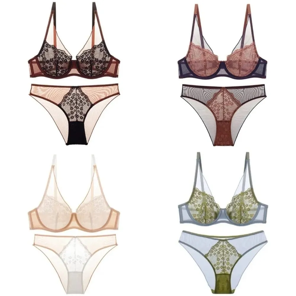 French Vintage Mesh Lace Flower Bra Set Brassiere Lingerie Mesh Bra Panties Kit Thin Seamless Push Up Bra Women Home