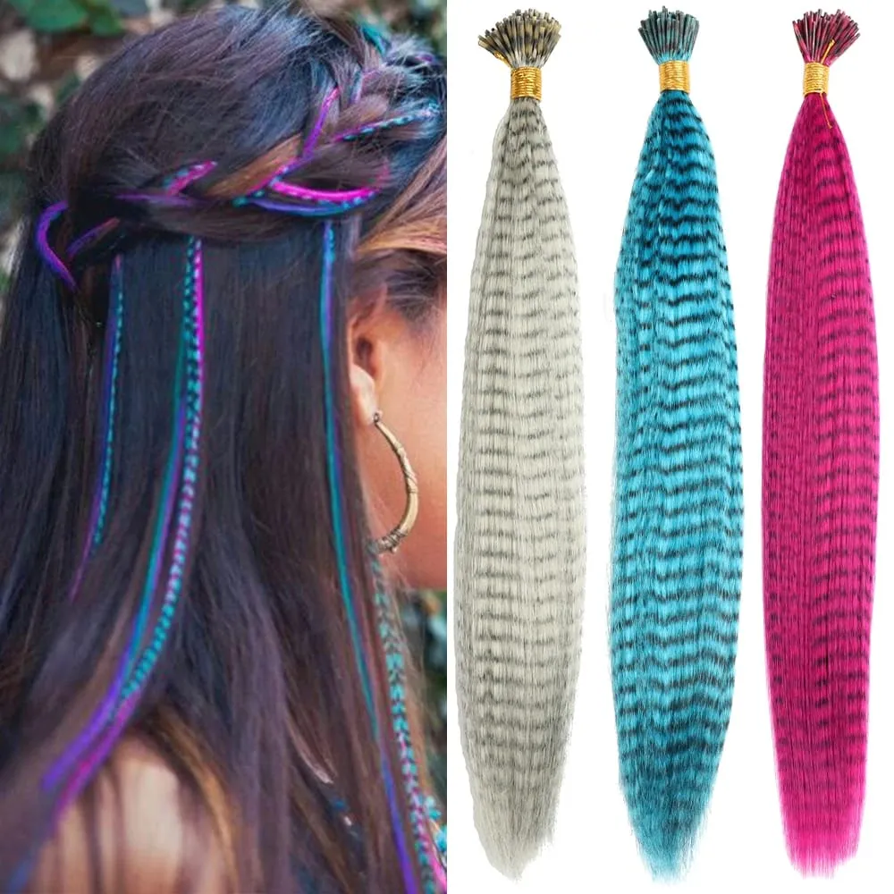 Synthetic Colored Feather Hair Extensions 16Inch 10 Pieces/Pack Blue Purple For Women Zebra Line Feather Hairpiece — image 2