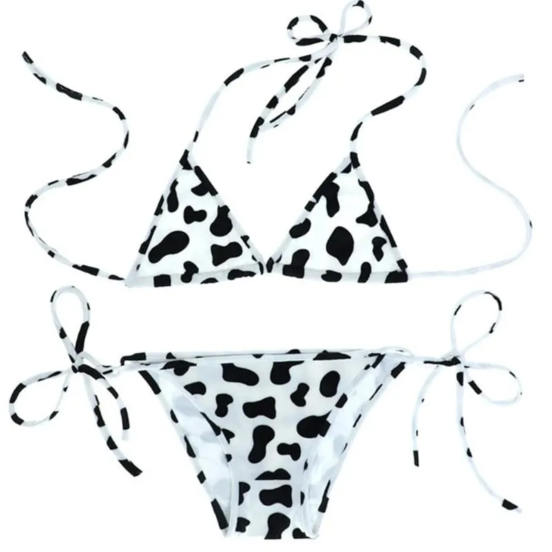 Womens Bikini Set Japanese Style Cute Milk Cow Dotted Mini Bikini Sets Underwear Halter Neck Bras Top with Briefs Panty