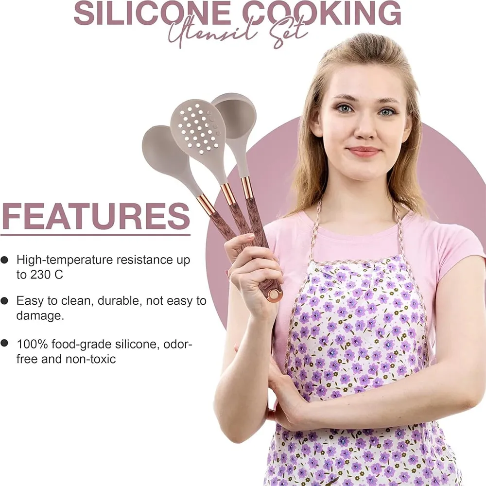 Silicone Kitchen Utensil Set 10 Pcs Cooking Utensil with Utensils Holder Wooden Pattern Handles Nonstick Cookware JT264