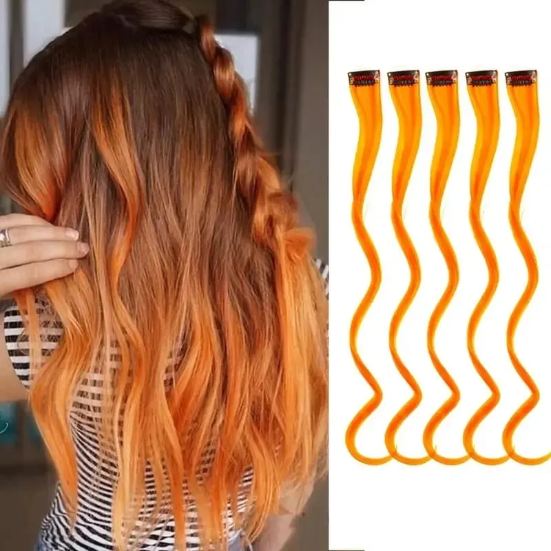 5Pcs Colored Hair Extensions Party Highlights Curly Wavy Hairpiece Clip In Synthetic Streak For Girls Women Halloween Wig — image 12