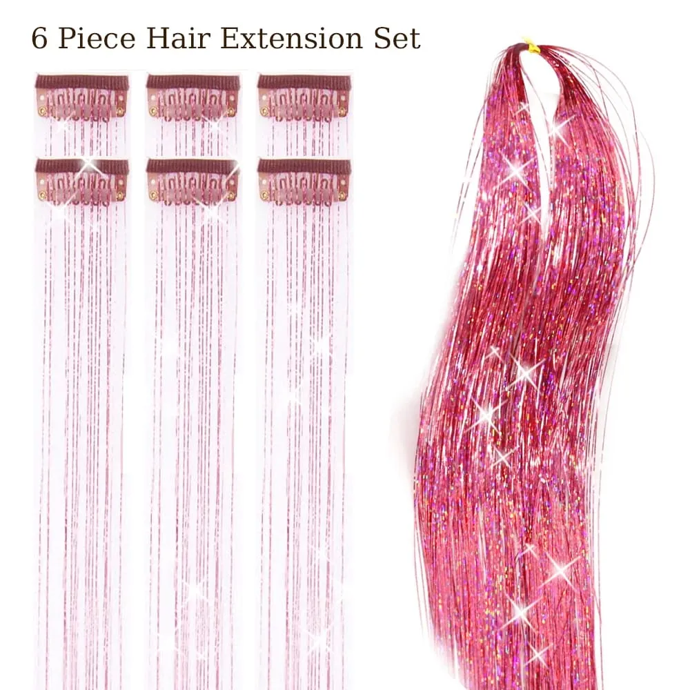 Balení 6ks Clip In Tinsel do vlasů 20palcový barevný třpytivý Tinsel Prodlužování vlasů Festivalový dárek Tinsel Fairy Hairpiece