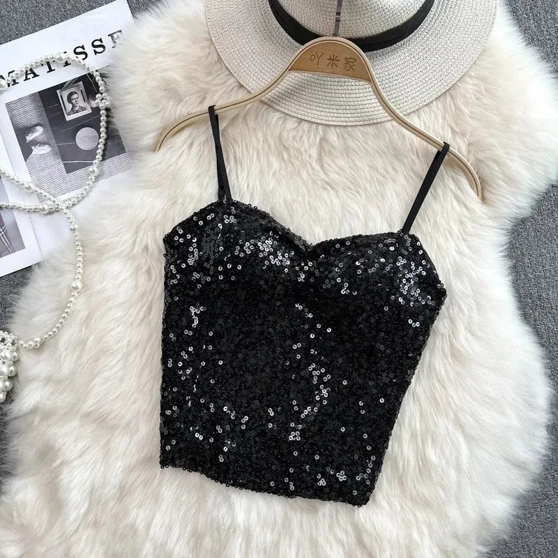 Sexy Sequin Party spaghetti Croset Bustier backless Slim Tanks and Camis Strap Glitter Crop Top Fashion Summer Women Clothes Y2k — image 3