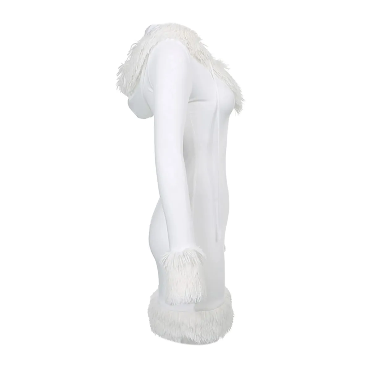 Women's Autumn Plush Trim Short Dress Long Sleeve V Neck Bandage Hooded Sweatshirt Dress Gothic Punk Clubwear