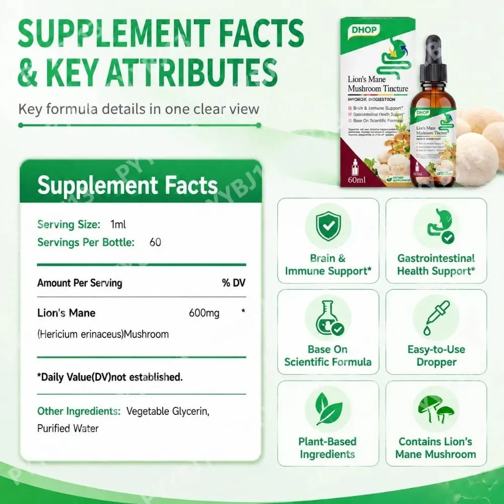 Lion's Mane Mushroom Extract Drops 60ml Hericium Erinaceus Supports Brain Immune Health Vegan Liquid Supplement for Adults