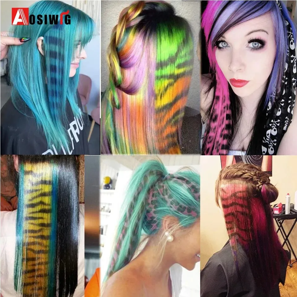 Feather Hair Extensions Purple Red Grey Synthetic Clip In Hair Feather Colorful False Hair Extension Mixed Color Straight Hair — image 7