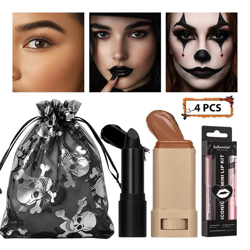 4pcs Halloween Makeup Kit Foundation Stick Black Face Painting Stick Mini Lip Liner Long-Lasting Water-Resistant Party Makeup — image 8