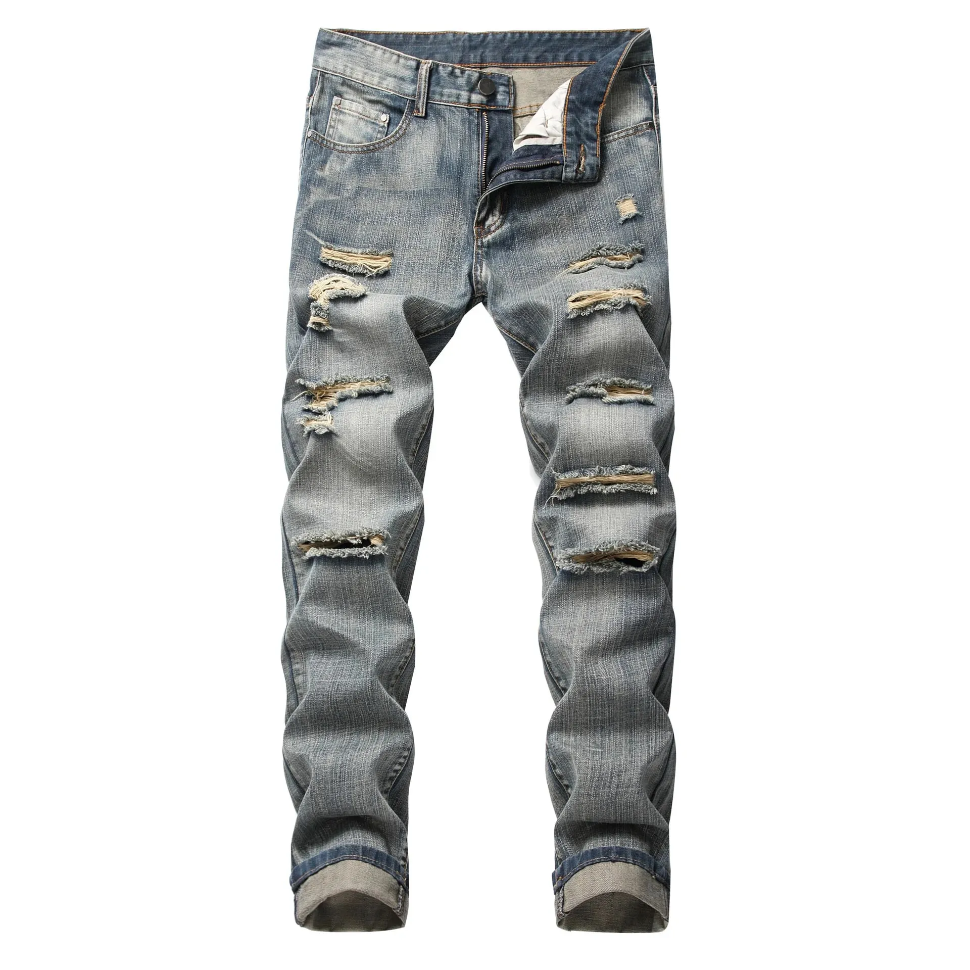 Mens Ripped Jeans Straight Slim Elasticless Tattered Trousers Autumn Streetwear Fashion Male Large Size Denim Pants — image 3