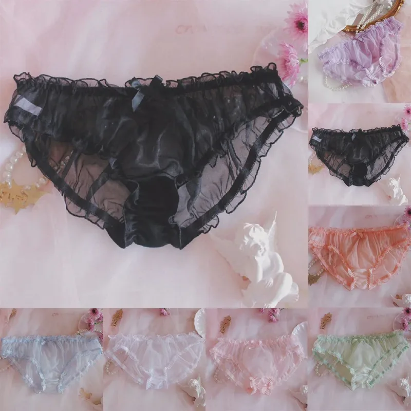 Uomo Sissy Mesh Chiffon Bow Floral Lace Pouch Intimo Mutandine Bikini Brief Sheer Knicker Trasparente Solido Slip da uomo Pantaloncini — image 7