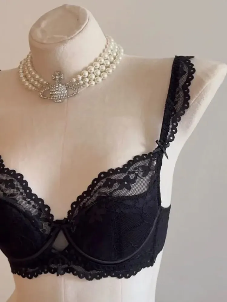 White Lace Bra & Panty Set Padded Bralette for Small Chest Summer Slimming Underwear Low Back Lingerie for Women Sexy Set